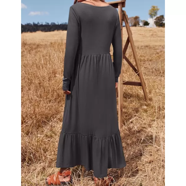 imageZESICA Womens 2024 Fall Dresses Long Sleeve Square Neck Casual Pleated Tiered Swing Maxi Dress with PocketsGray
