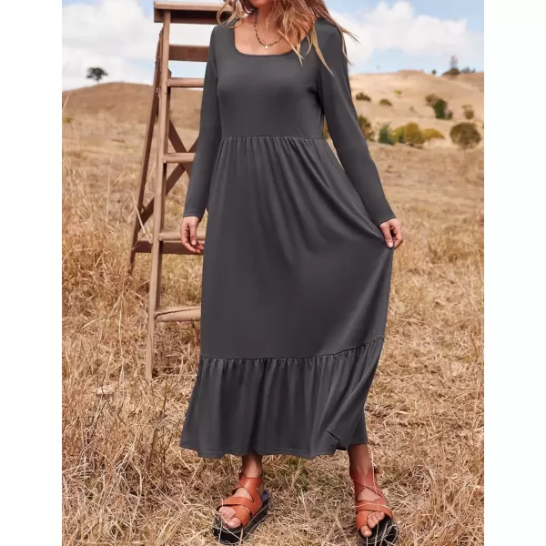 imageZESICA Womens 2024 Fall Dresses Long Sleeve Square Neck Casual Pleated Tiered Swing Maxi Dress with PocketsGray