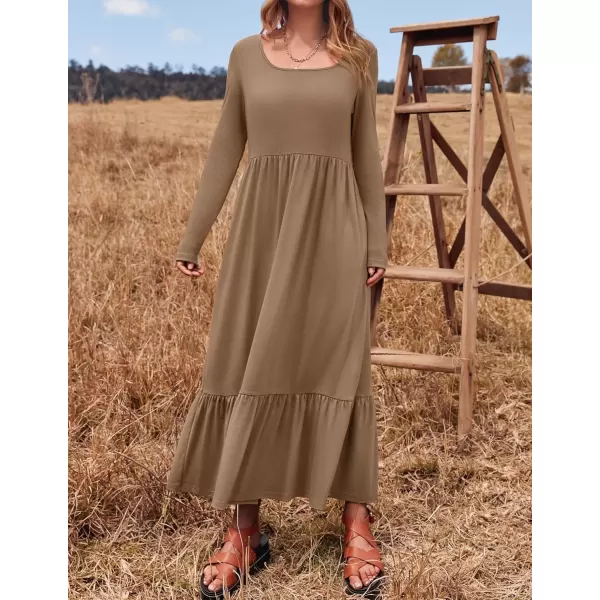 imageZESICA Womens 2024 Fall Dresses Long Sleeve Square Neck Casual Pleated Tiered Swing Maxi Dress with PocketsKhaki