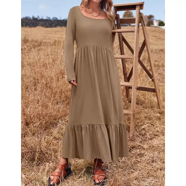 imageZESICA Womens 2024 Fall Dresses Long Sleeve Square Neck Casual Pleated Tiered Swing Maxi Dress with PocketsKhaki