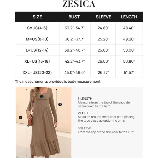 imageZESICA Womens 2024 Fall Dresses Long Sleeve Square Neck Casual Pleated Tiered Swing Maxi Dress with PocketsKhaki