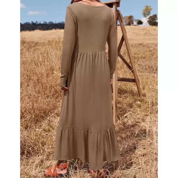 imageZESICA Womens 2024 Fall Dresses Long Sleeve Square Neck Casual Pleated Tiered Swing Maxi Dress with PocketsKhaki