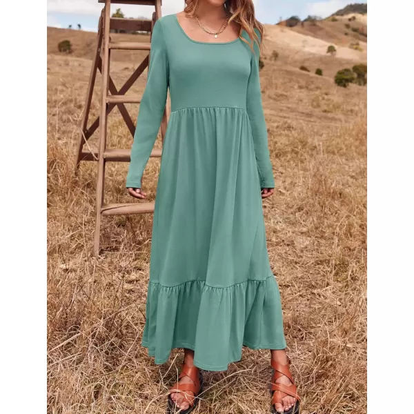 imageZESICA Womens 2024 Fall Dresses Long Sleeve Square Neck Casual Pleated Tiered Swing Maxi Dress with PocketsLightgreen