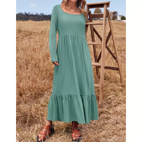 imageZESICA Womens 2024 Fall Dresses Long Sleeve Square Neck Casual Pleated Tiered Swing Maxi Dress with PocketsLightgreen