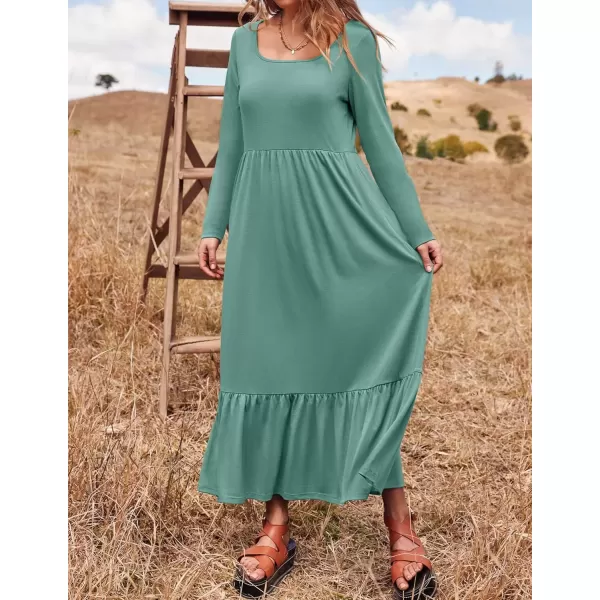 imageZESICA Womens 2024 Fall Dresses Long Sleeve Square Neck Casual Pleated Tiered Swing Maxi Dress with PocketsLightgreen
