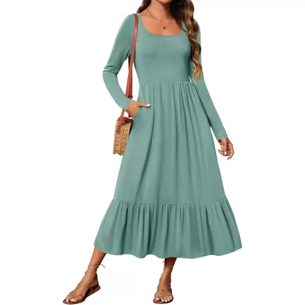 imageZESICA Womens 2024 Fall Dresses Long Sleeve Square Neck Casual Pleated Tiered Swing Maxi Dress with PocketsLightgreen