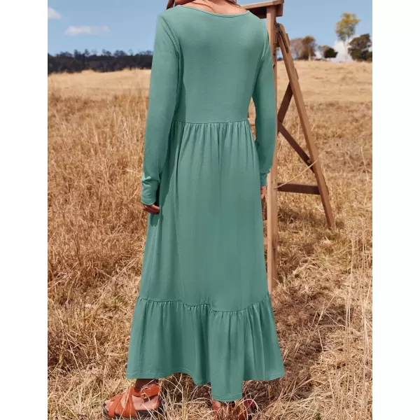 imageZESICA Womens 2024 Fall Dresses Long Sleeve Square Neck Casual Pleated Tiered Swing Maxi Dress with PocketsLightgreen