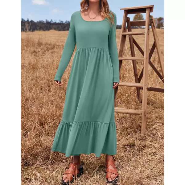 imageZESICA Womens 2024 Fall Dresses Long Sleeve Square Neck Casual Pleated Tiered Swing Maxi Dress with PocketsLightgreen