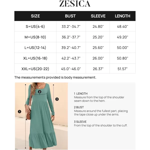 imageZESICA Womens 2024 Fall Dresses Long Sleeve Square Neck Casual Pleated Tiered Swing Maxi Dress with PocketsLightgreen