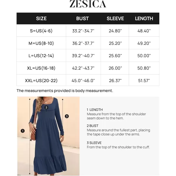 imageZESICA Womens 2024 Fall Dresses Long Sleeve Square Neck Casual Pleated Tiered Swing Maxi Dress with PocketsNavy