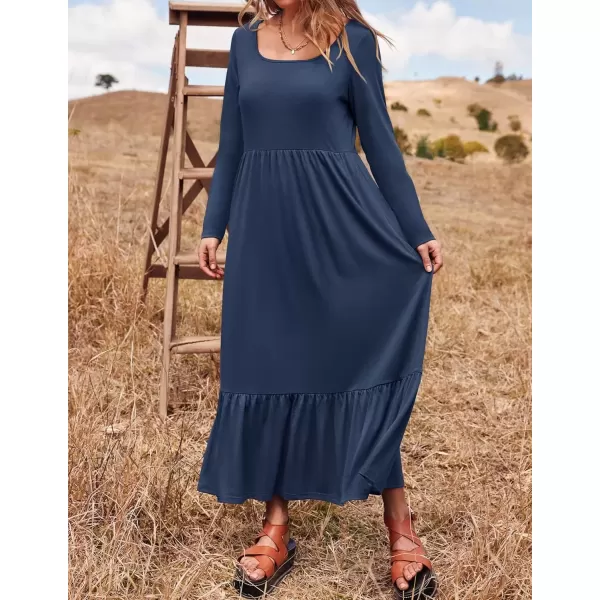 imageZESICA Womens 2024 Fall Dresses Long Sleeve Square Neck Casual Pleated Tiered Swing Maxi Dress with PocketsNavy