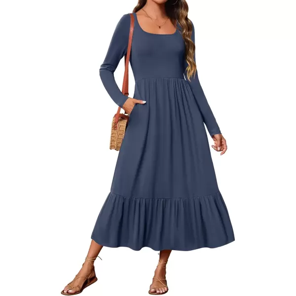 imageZESICA Womens 2024 Fall Dresses Long Sleeve Square Neck Casual Pleated Tiered Swing Maxi Dress with PocketsNavy