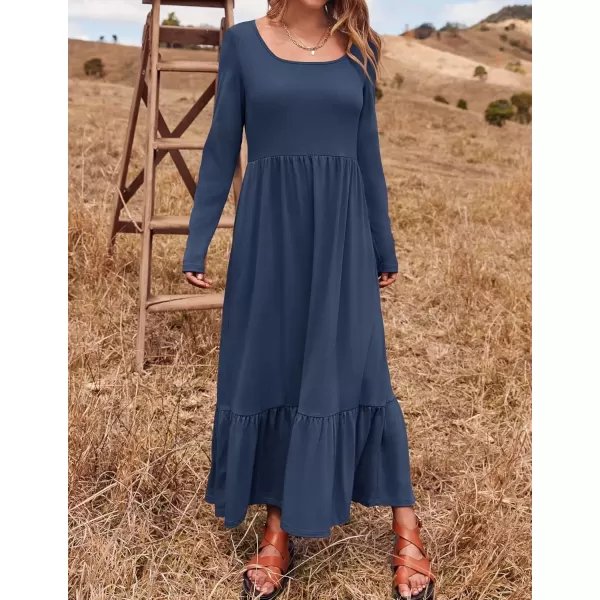 imageZESICA Womens 2024 Fall Dresses Long Sleeve Square Neck Casual Pleated Tiered Swing Maxi Dress with PocketsNavy
