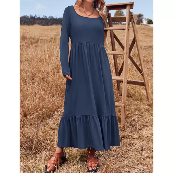 imageZESICA Womens 2024 Fall Dresses Long Sleeve Square Neck Casual Pleated Tiered Swing Maxi Dress with PocketsNavy