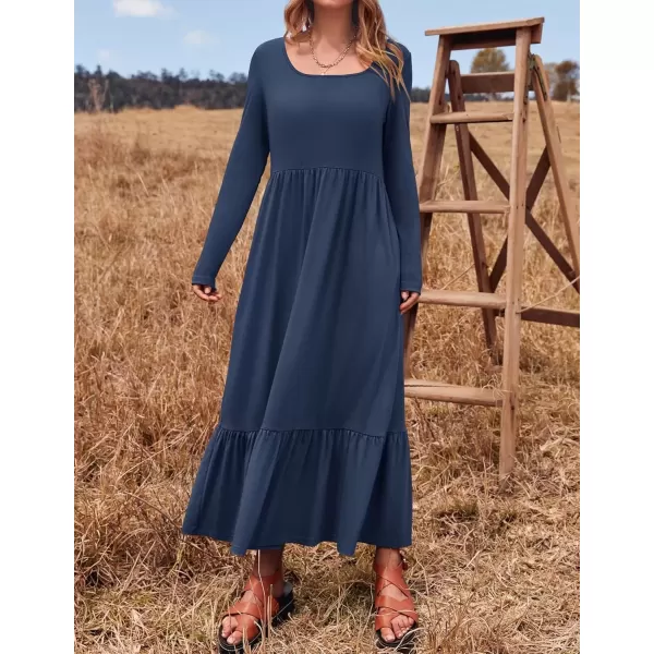 imageZESICA Womens 2024 Fall Dresses Long Sleeve Square Neck Casual Pleated Tiered Swing Maxi Dress with PocketsNavy