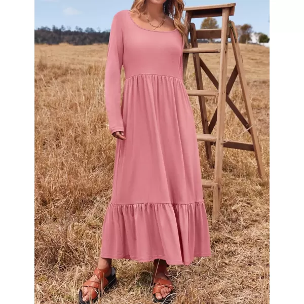 imageZESICA Womens 2024 Fall Dresses Long Sleeve Square Neck Casual Pleated Tiered Swing Maxi Dress with PocketsPink