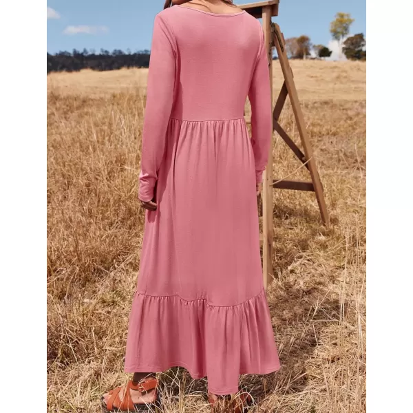 imageZESICA Womens 2024 Fall Dresses Long Sleeve Square Neck Casual Pleated Tiered Swing Maxi Dress with PocketsPink