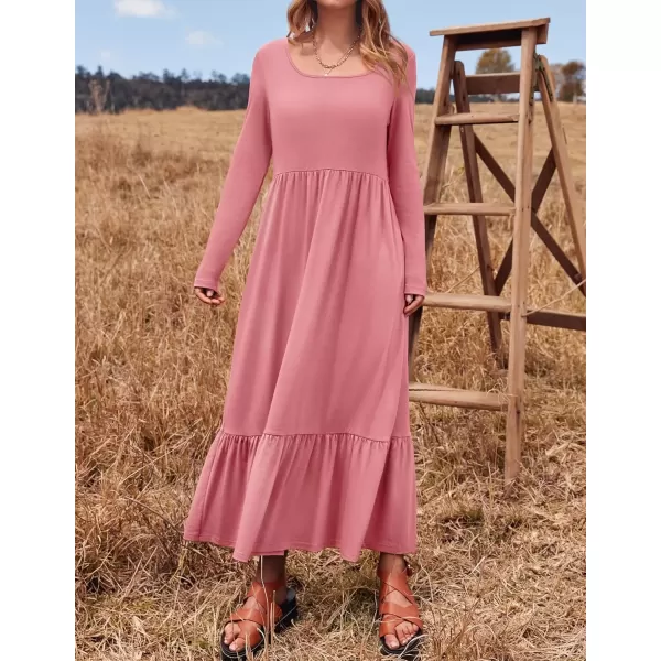 imageZESICA Womens 2024 Fall Dresses Long Sleeve Square Neck Casual Pleated Tiered Swing Maxi Dress with PocketsPink