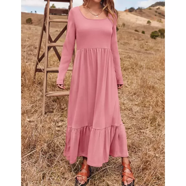 imageZESICA Womens 2024 Fall Dresses Long Sleeve Square Neck Casual Pleated Tiered Swing Maxi Dress with PocketsPink