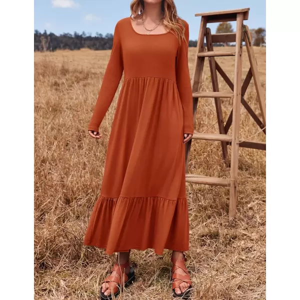 imageZESICA Womens 2024 Fall Dresses Long Sleeve Square Neck Casual Pleated Tiered Swing Maxi Dress with PocketsRust