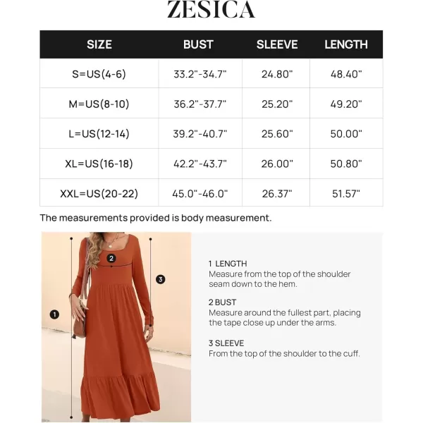 imageZESICA Womens 2024 Fall Dresses Long Sleeve Square Neck Casual Pleated Tiered Swing Maxi Dress with PocketsRust