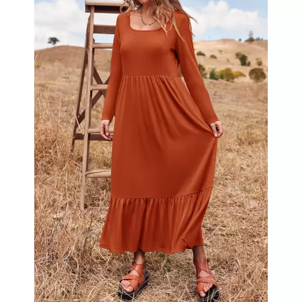 imageZESICA Womens 2024 Fall Dresses Long Sleeve Square Neck Casual Pleated Tiered Swing Maxi Dress with PocketsRust