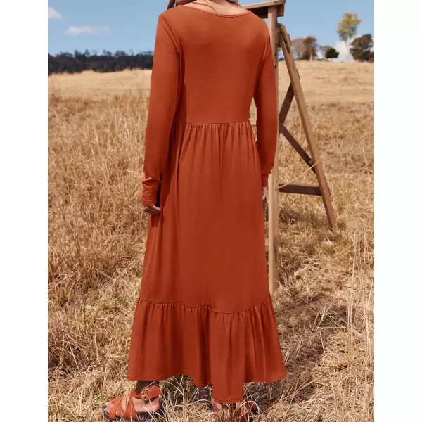 imageZESICA Womens 2024 Fall Dresses Long Sleeve Square Neck Casual Pleated Tiered Swing Maxi Dress with PocketsRust