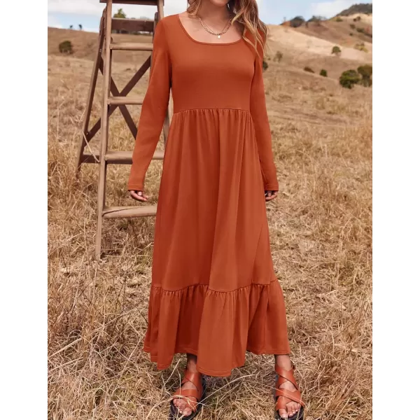 imageZESICA Womens 2024 Fall Dresses Long Sleeve Square Neck Casual Pleated Tiered Swing Maxi Dress with PocketsRust