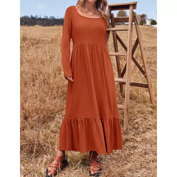 imageZESICA Womens 2024 Fall Dresses Long Sleeve Square Neck Casual Pleated Tiered Swing Maxi Dress with PocketsRust