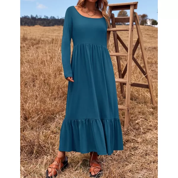 imageZESICA Womens 2024 Fall Dresses Long Sleeve Square Neck Casual Pleated Tiered Swing Maxi Dress with PocketsTurquoise