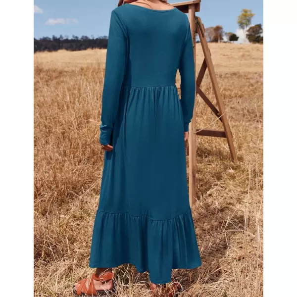 imageZESICA Womens 2024 Fall Dresses Long Sleeve Square Neck Casual Pleated Tiered Swing Maxi Dress with PocketsTurquoise