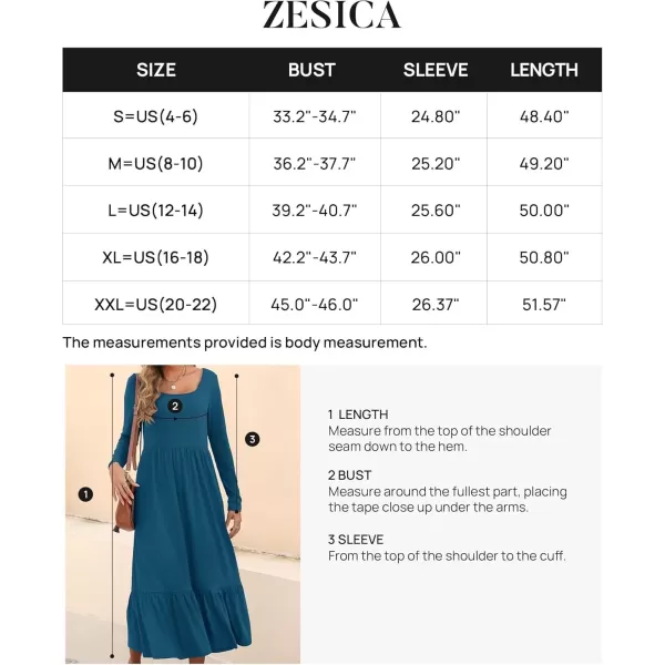 imageZESICA Womens 2024 Fall Dresses Long Sleeve Square Neck Casual Pleated Tiered Swing Maxi Dress with PocketsTurquoise