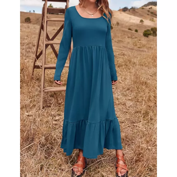 imageZESICA Womens 2024 Fall Dresses Long Sleeve Square Neck Casual Pleated Tiered Swing Maxi Dress with PocketsTurquoise