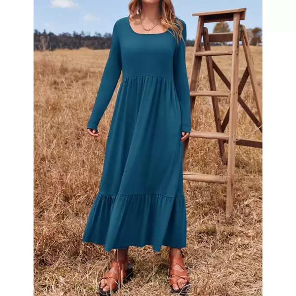 imageZESICA Womens 2024 Fall Dresses Long Sleeve Square Neck Casual Pleated Tiered Swing Maxi Dress with PocketsTurquoise