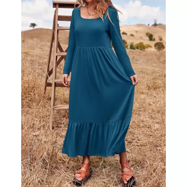 imageZESICA Womens 2024 Fall Dresses Long Sleeve Square Neck Casual Pleated Tiered Swing Maxi Dress with PocketsTurquoise