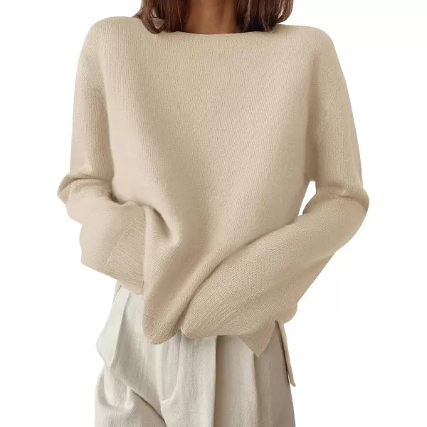 imageZESICA Womens 2024 Fall Long Sleeve Crew Neck Soft Knit Side Slit Comfy Loose Pullover Sweater Jumper TopsApricot