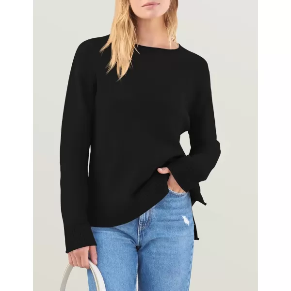 imageZESICA Womens 2024 Fall Long Sleeve Crew Neck Soft Knit Side Slit Comfy Loose Pullover Sweater Jumper TopsBlack