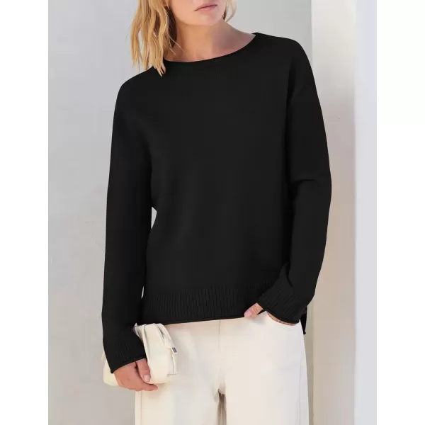 imageZESICA Womens 2024 Fall Long Sleeve Crew Neck Soft Knit Side Slit Comfy Loose Pullover Sweater Jumper TopsBlack