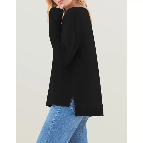 imageZESICA Womens 2024 Fall Long Sleeve Crew Neck Soft Knit Side Slit Comfy Loose Pullover Sweater Jumper TopsBlack
