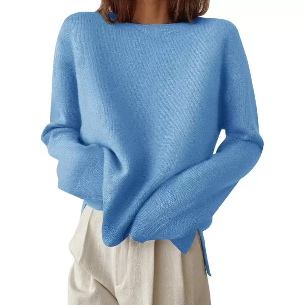 imageZESICA Womens 2024 Fall Long Sleeve Crew Neck Soft Knit Side Slit Comfy Loose Pullover Sweater Jumper TopsBlue