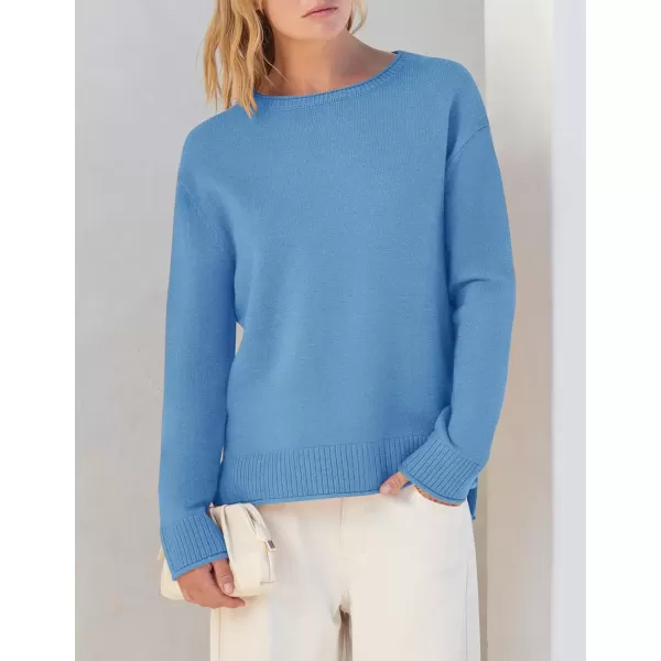 imageZESICA Womens 2024 Fall Long Sleeve Crew Neck Soft Knit Side Slit Comfy Loose Pullover Sweater Jumper TopsBlue