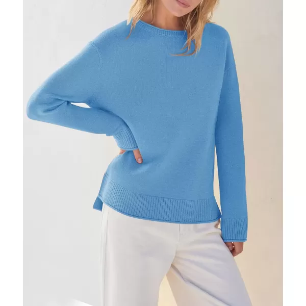 imageZESICA Womens 2024 Fall Long Sleeve Crew Neck Soft Knit Side Slit Comfy Loose Pullover Sweater Jumper TopsBlue