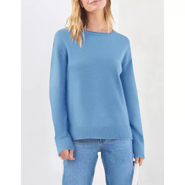 imageZESICA Womens 2024 Fall Long Sleeve Crew Neck Soft Knit Side Slit Comfy Loose Pullover Sweater Jumper TopsBlue