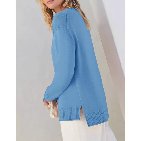 imageZESICA Womens 2024 Fall Long Sleeve Crew Neck Soft Knit Side Slit Comfy Loose Pullover Sweater Jumper TopsBlue