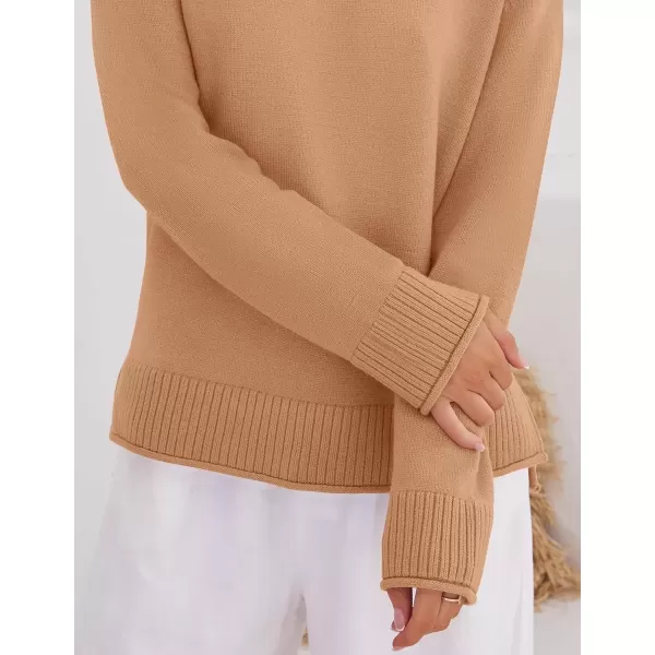 imageZESICA Womens 2024 Fall Long Sleeve Crew Neck Soft Knit Side Slit Comfy Loose Pullover Sweater Jumper TopsCamel