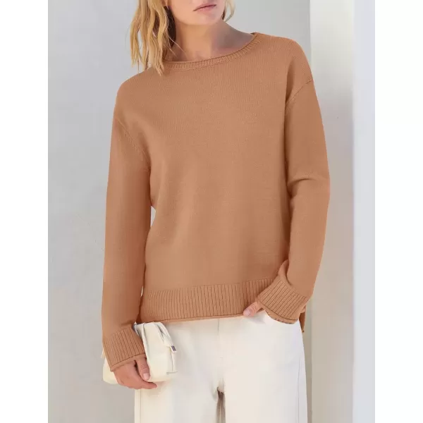 imageZESICA Womens 2024 Fall Long Sleeve Crew Neck Soft Knit Side Slit Comfy Loose Pullover Sweater Jumper TopsCamel
