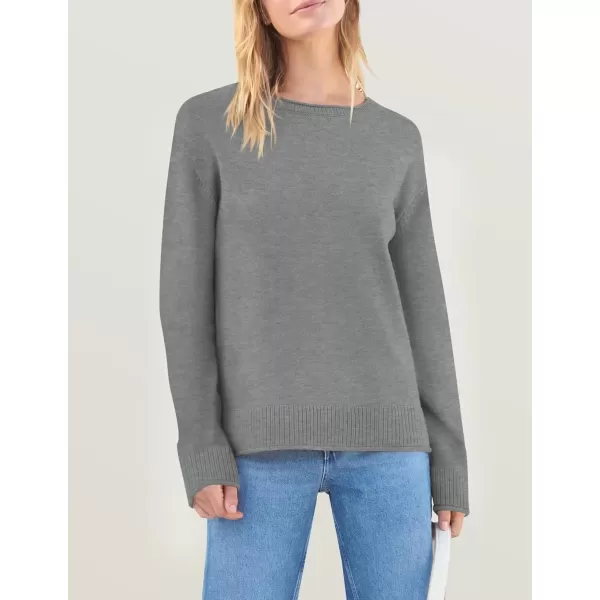 imageZESICA Womens 2024 Fall Long Sleeve Crew Neck Soft Knit Side Slit Comfy Loose Pullover Sweater Jumper TopsGrey