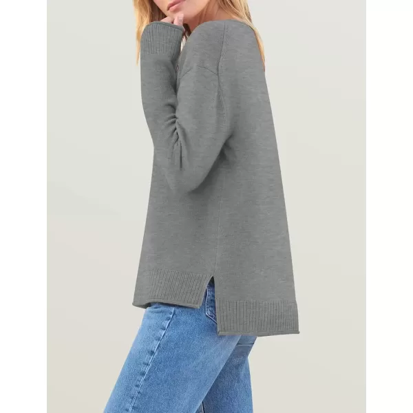 imageZESICA Womens 2024 Fall Long Sleeve Crew Neck Soft Knit Side Slit Comfy Loose Pullover Sweater Jumper TopsGrey