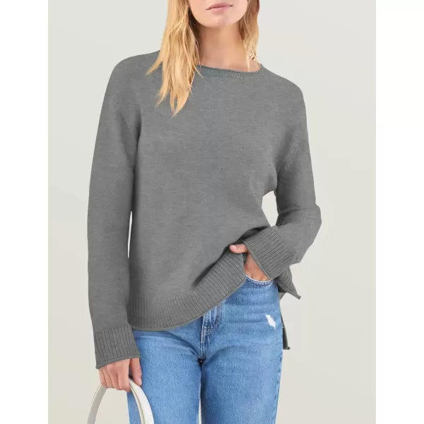 imageZESICA Womens 2024 Fall Long Sleeve Crew Neck Soft Knit Side Slit Comfy Loose Pullover Sweater Jumper TopsGrey