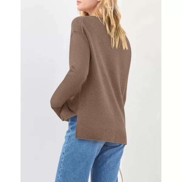 imageZESICA Womens 2024 Fall Long Sleeve Crew Neck Soft Knit Side Slit Comfy Loose Pullover Sweater Jumper TopsMocha